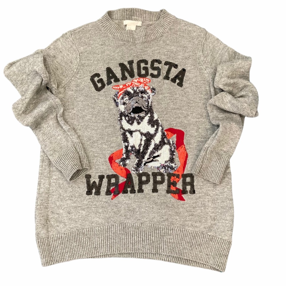 H&M Sweater Gangsta Wrapper Pug Dog Grey Christmas size xs
